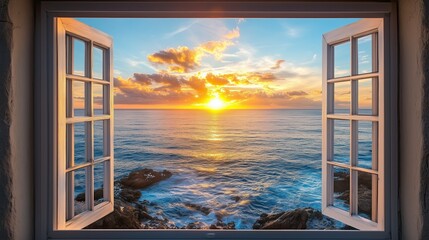 Open window sunset ocean view with golden horizon, serene sunset ocean view for coastal wall art, tranquil sunset ocean view capturing warm seaside light © Sakonwan