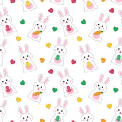 Easter seamless pattern.Cute colorful repeat pattern with eggs, carrots, hearts and rabbit little bunny isolated on white background.Vector graphic illustration.