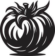Silhouette vector EPS of a tomato with a simple round shape and leafy stem. Perfect for food packaging, restaurant branding, grocery icons, and culinary illustrations.