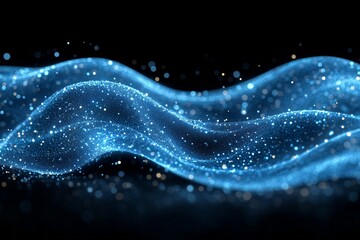 A blue wave with a lot of sparkles. Abstract background with glowing blue and green waves on a black backdrop, a concept of sound or music visualization.