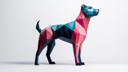 Obraz premium A vibrant polygonal sculpture of a dog stands proudly, showcasing a mix of blues and pinks. This modern piece adds a playful touch to its surrounding artistic environment