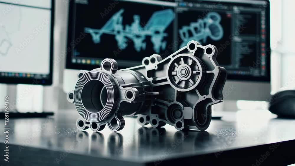 Poster Metal mechanical component rotating slowly on a desk in an engineering lab, with cad software open on the computer screen in the background