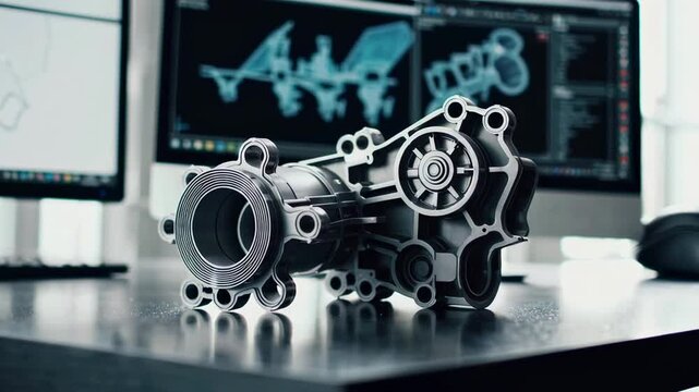 Metal mechanical component rotating slowly on a desk in an engineering lab, with cad software open on the computer screen in the background