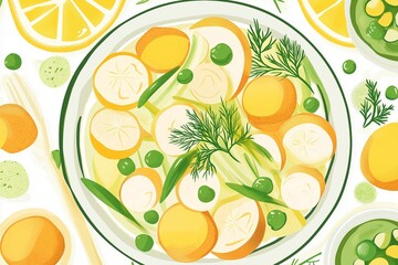 A refreshing salad with canned squid, potatoes, and peas perfect for lazy mornings. Enjoy this vibrant dish with hints of lemon and fresh herbs.