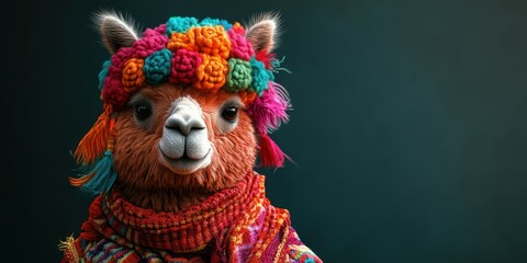 Colorful llama dressed in traditional attire with vibrant hat and scarf against a dark background