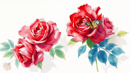Obraz premium Low-key lighting illuminates a delicate watercolor painting of a vibrant red rose bouquet in a spring garden. A top-down view shows soft shadows Roses with butterfly on soft background, High-contrast
