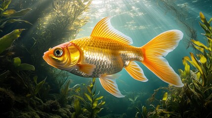 Fototapeta premium Golden fish swims among kelp forest, sunlight streams through water