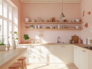 Modern kitchen with white cabinets shelving and natural light