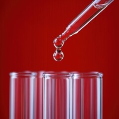 Clear Liquid Dropping from Pipette into Test Tubes on Red Background for Scientific Research