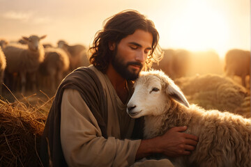 A man is holding a sheep in his arms