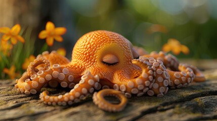 Cute and Colorful Octopus Relaxing on a Wooden Surface in Nature