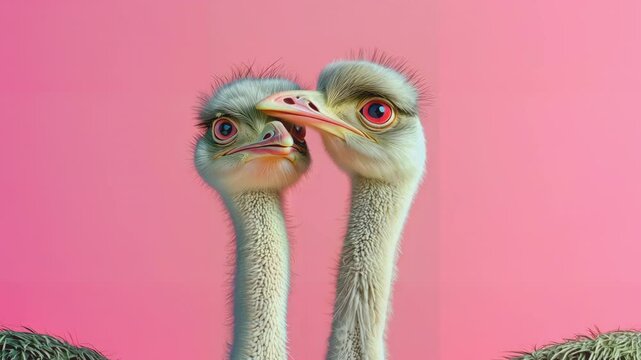 Curious ostriches close together. AI-generated video of funny ostriches. Perfect for nature and social media in 4K.