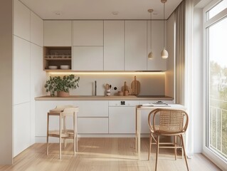 A modern minimalist kitchen with a wooden countertop