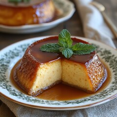 Delicious flan dessert with caramel sauce and mint garnish on rustic table culinary delight food photography