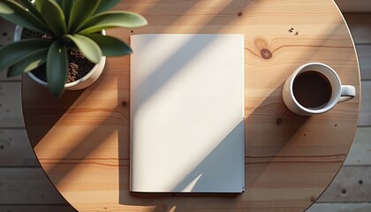Cozy magazine mockup on wooden table with coffee and plant, warmth