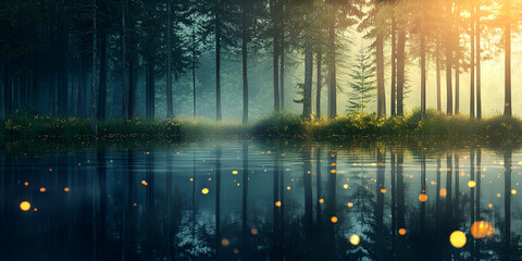 Serene Forest Lake with Misty Reflections – Peaceful Nature and Tranquility