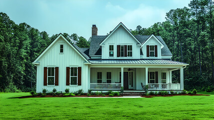 Obraz premium Modern farmhouse, porch, green lawn, wooded backdrop, real estate listing