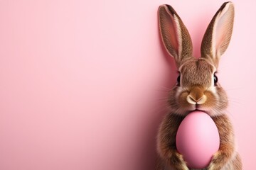 A fluffy rabbit stands against a pastel pink backdrop, holding a smooth pink egg. The scene captures the joyful spirit of springtime celebrations and traditions