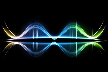 A colorful wave with a reflection of it in the water. Abstract background with glowing blue and green waves on a black backdrop, a concept of sound or music visualization.