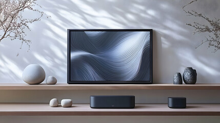 Fototapeta premium Modern minimalist living room, artwork displayed, shelf with speakers, sunlight streaming