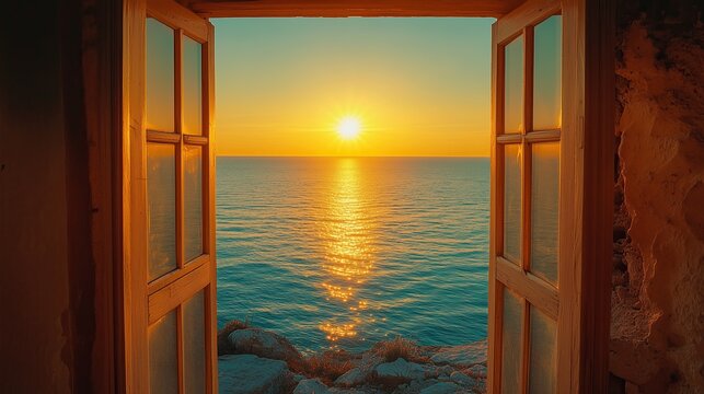 Fototapeta Romantic view of a seaside sunset seen from an open window