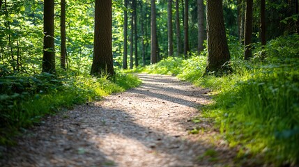 Fototapeta premium stress management techniques. Lush forest pathway surrounded by tall trees and greenery.