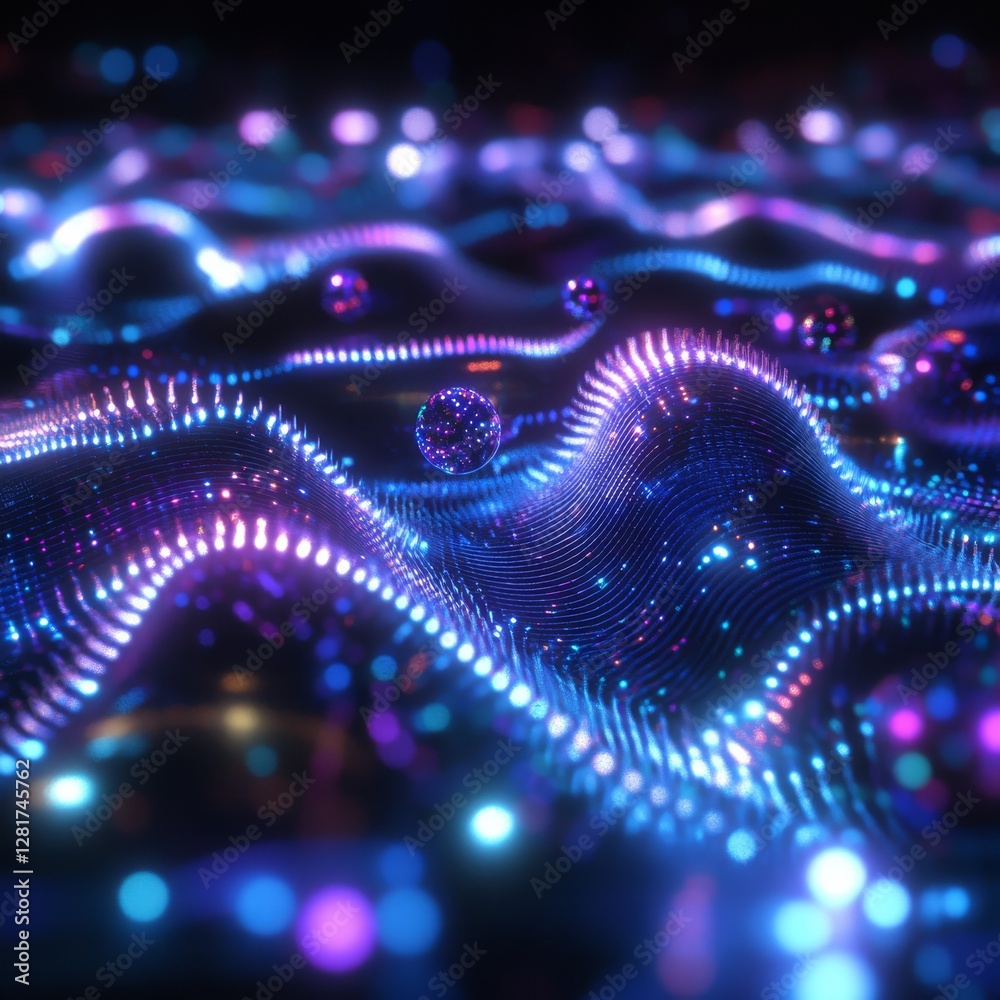Leinwandbilder abstract glowing network: a dazzling display of digital waves and spherical nodes in deep blue and p