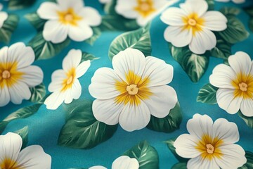 A painting of a field of white flowers. Vintage floral pattern with small white flowers and leaves on a turquoise background, a seamless vector fabric texture design for textile print