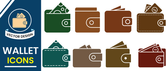 Colorful Wallet, Moneybag icon vector set. Moneybag, pay, paying, purchase icon. Wallet symbol for app, logo web design. Outline of Wallet, money icon vector illustration. Vector illustration.