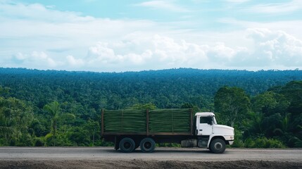 A large white truck stands parked along a dirt road, loaded with bamboo. The backdrop features a lush green tropical forest under a clear blue sky, indicating a sunny day