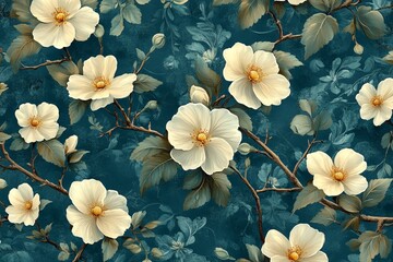 A blue background with white flowers. Vintage floral pattern with small white flowers and leaves on a turquoise background, a seamless vector fabric texture design for textile print