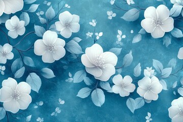 A blue background with white flowers. Vintage floral pattern with small white flowers and leaves on a turquoise background, a seamless vector fabric texture design for textile print