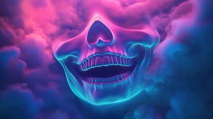 Naklejka premium A glowing skull floats amidst swirling clouds in shades of pink and blue, creating a vibrant and surreal atmosphere during twilight. The scene evokes a mystical vibe