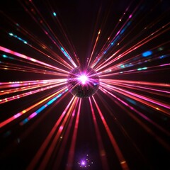 Naklejka premium Disco Ball Explosion: Shimmering Sphere Unleashing a Kaleidoscope of Vibrant Light Rays in the Dark
