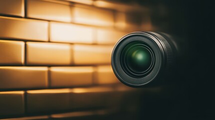 A detailed view of a camera lens positioned in focus, capturing the elements of a textured golden wall. The shot emphasizes the lens and its surroundings