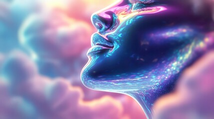 A stunning portrait showcases a face with a luminous quality, set among vibrant clouds. The captivating colors and shimmering effects create a surreal atmosphere, evoking a sense of wonder