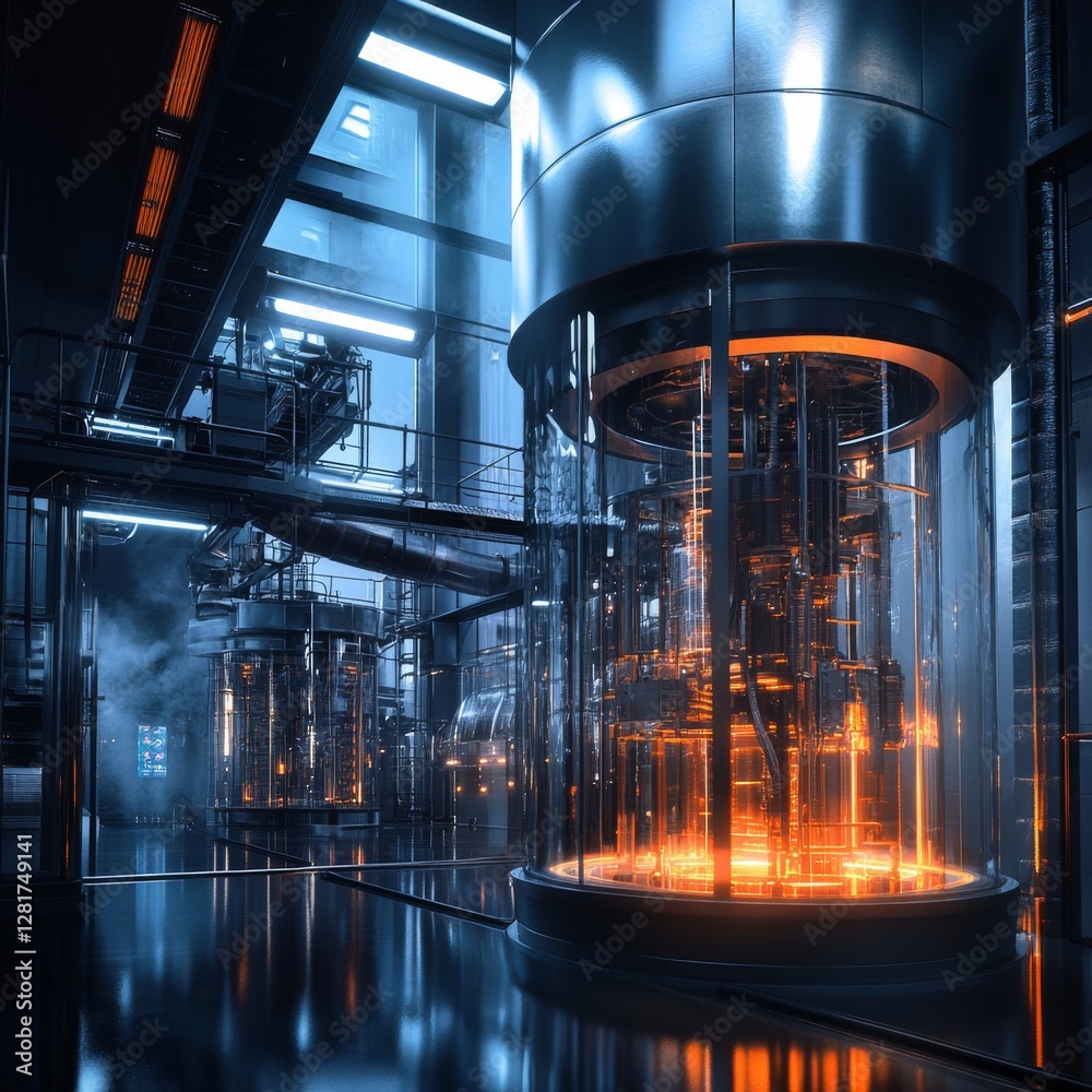 Aufkleber Futuristic Industrial Interior: Illuminated Reactor Cores and Reflective Surfaces Create a High-Tech Atmosphere