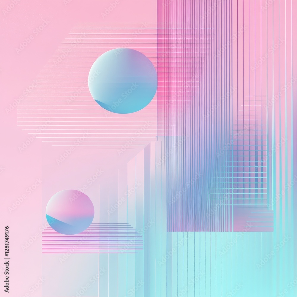 Poster geometric harmony: abstract composition in pastel pink and blue with spheres and linear elements