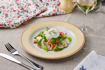 Elegant Crab Salad with Poached Egg - Gourmet Presentation in Soft Natural Light