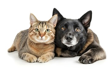 Fototapeta premium Portrait of happy dog ​​and cat looking at camera together isolated on white background, friendship between dog and cat, amazing friendship of pets