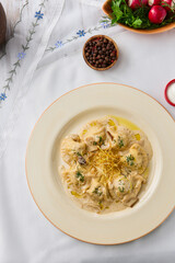 Creamy Mushroom Dumplings with Elegant Composition and Soft Color Palette