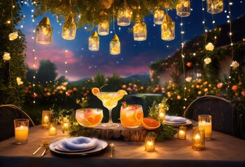 floating beverage enchanting atmosphere soft lighting surreal details creating magical dining experience twilight, drink, cocktail, refreshment, ice