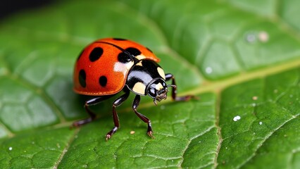 Fototapeta premium Close-up of a vibrant ladybug on a green leaf in nature