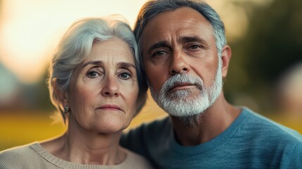 Fototapeta premium An elderly couple stands close together, gazing into each other's eyes with deep emotion. The golden sunset lights the background, enhancing their bond and warmth