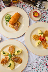 Elegant Culinary Display Pojarsky, Kiev, and Fish Cutlets in Rustic Style