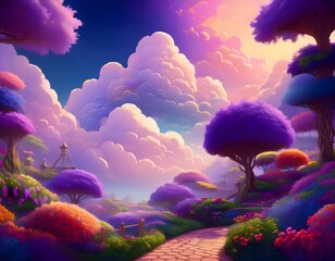 Fototapeta premium Stone path leading through colorful spring fantasy landscape