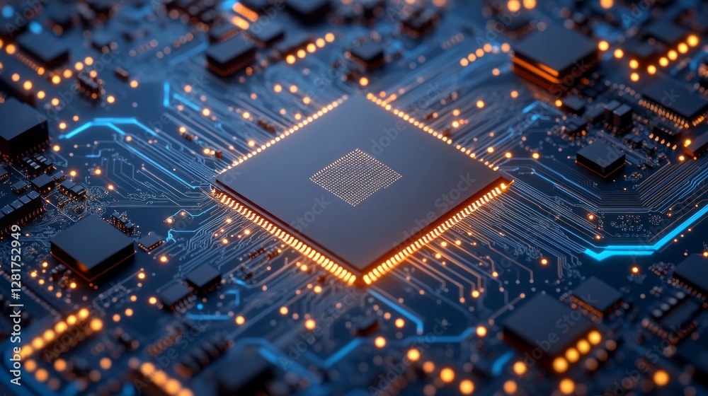 Aufkleber Vibrant circuit board reveals intricate designs filled with glowing lines and interconnected chips. The abstract representation embodies advanced technology that powers modern AI systems.