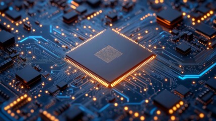 Vibrant circuit board reveals intricate designs filled with glowing lines and interconnected chips. The abstract representation embodies advanced technology that powers modern AI systems.