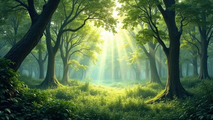 Obraz premium Sunlit forest with lush greenery and majestic trees