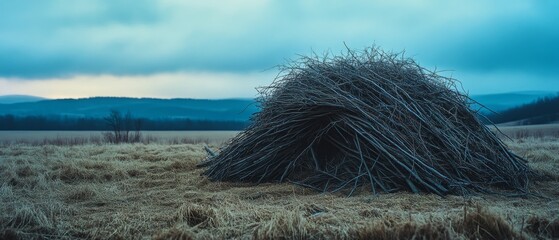 Fototapeta premium A lonely pile of branches sits on a desolate field against a moody skyline, evoking thoughts of nature’s quietude.